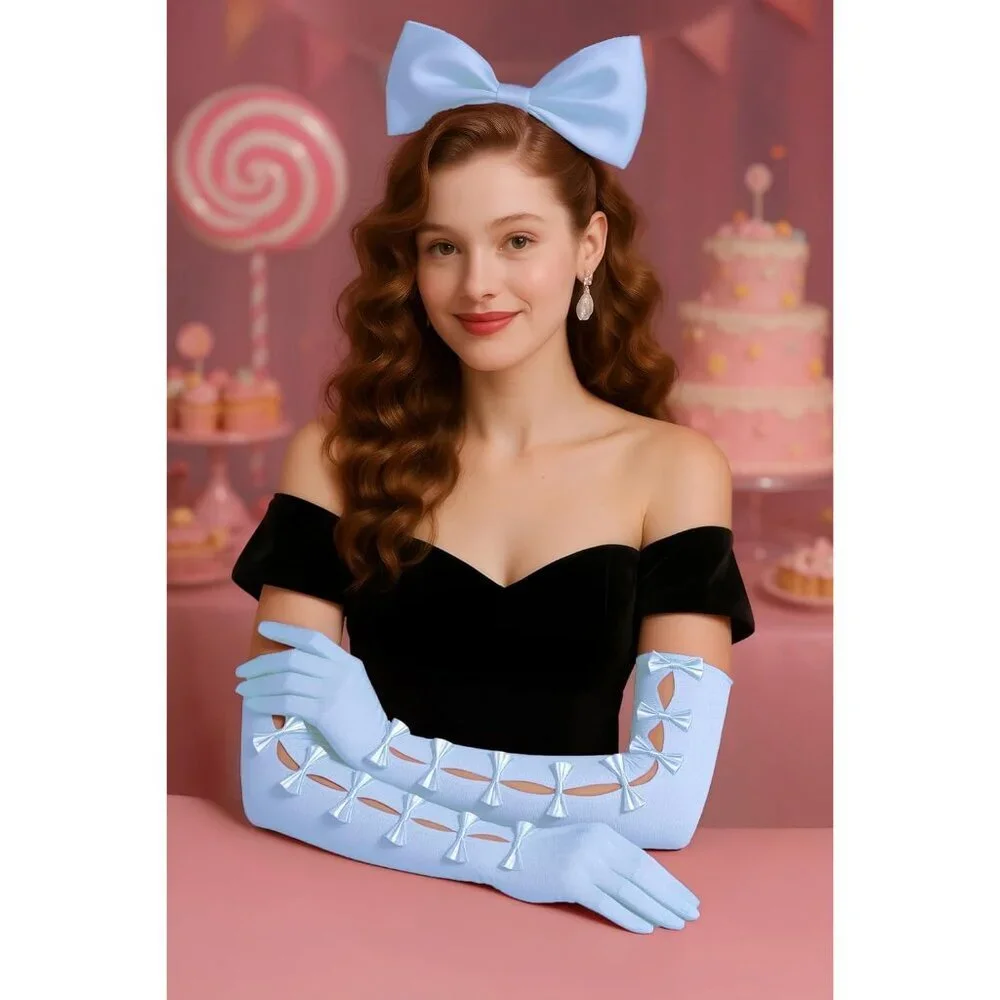 Women's Princess Light Blue Long Sleeves Gloves Bow Lace Mesh Tulle Party Prom